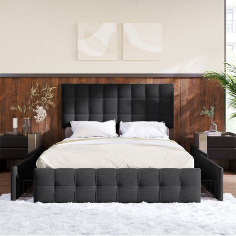 CHICFURN Cama doble 140x200 cm de lino negro con 4 cajones y almacenaje integrado (1/5)