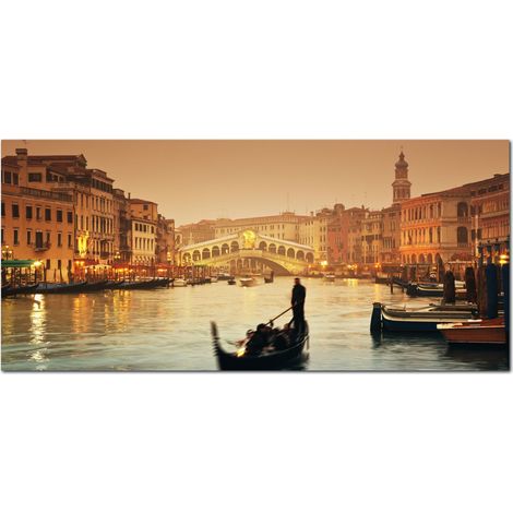 Lupia - Quadro moderno su Tela Canvas DEEP 65X143 cm, con paesaggi e localismi italiani, per casa, soggiorno, capezzale camera da letto, hotel, ufficio, VENEZIA - PONTE RIALTO TWILIGHT (1/4)