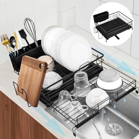 Égouttoir Vaisselle Cuisine, Égouttoir à Vaisselle Extensible avec Egouttoir Vaisselle sur Évier, Séchoir avec Égouttoir Pivotant 360°, Rangement Vaisselle Gain de Place pour Évier & Plan de Travail (1/5)