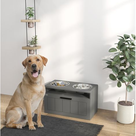 CHICFURN Station d’alimentation surélevée pour chien 60x30x35 cm MDF gris avec rangement (1/5)