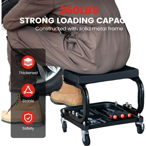 Taburete de reparación, estructura de acero resistente, capacidad de carga de 120 kg, asiento acolchado, bandeja para herramientas integrada, diseño compacto. (1/5)