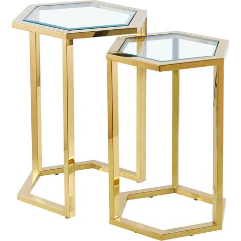 Set de 2 guéridons gigognes métal doré plateau verre trempé forme hexagonale (1/5)