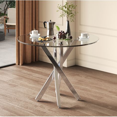 Tavolo da pranzo rotondo 80x80x75 cm argento in vetro temperato con base incrociata (1/5)
