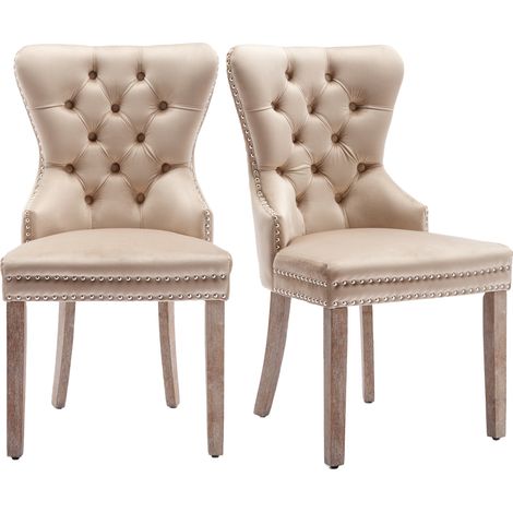 CAIziChaise de salle à manger (chaise de cuisine/chaise de salon avec heurtoir unique au dos, lot de 2), chaise rembourrée avec clous décoratifs, pieds en bois massif, revêtement en velours, beige