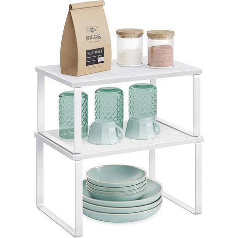 Étagère à Épices Extensible 2 Pièces, Organisateur de Placard de Cuisine Empilable en Métal et Bois d'Ingénierie, Support à Condiments Réglable, Couleur Blanc Nuageux et Blanc Neige (1/5)