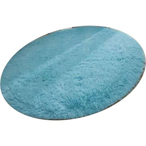 Tapis de sol rond en fibre de polyester style nordique, long, moelleux et doux, pour la chambre à coucher, bleu (1/5)