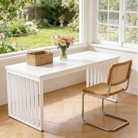 Bureau rectangulaire en bois avec grand plateau en bois et structure métallique, blanc (1/5)