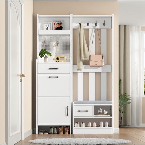 MODFU – Guardaroba ingresso 110x35x175,5 cm in pannelli con panca, 2 cassetti, 7 ganci, scarpiera e portata 30 kg – Bianco (1/5)