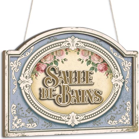 Plaque murale Salle de Bains style vintage français, enseigne décorative florale shabby chic, panneau en bois double couche, décoration pour salle de bain WC maison hôtel spa gîte (1/5)