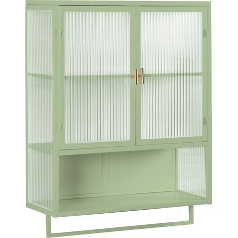 Wandschrank mit 2 Glastüren und Offenem Fach, Handtuchhalter, Modern, aus Metall, 60×23×78 cm, Grün (1/5)