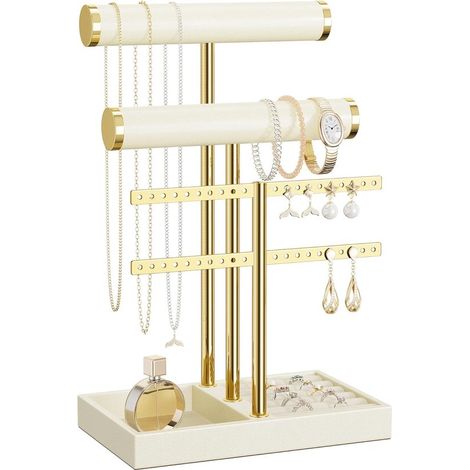 Longziming - Présentoir à bijoux de luxe avec tiges en velours – Présentoir à 5 niveaux pour bracelets et montres – Velours beige et métal doré – Pour bracelets, colliers, bagues et boucles d'oreilles (1/5)