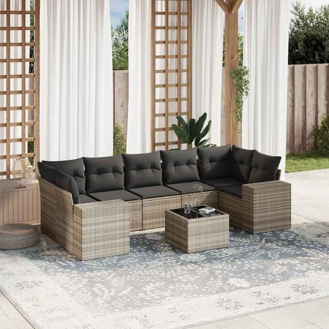 Ensemble Salon Jardin 8 Pièces Résine Tressée Gris Clair + Coussins  Table Verre Trempé 55x55 cm  Sièges 110 kg  Stockage Intégré (1/3)