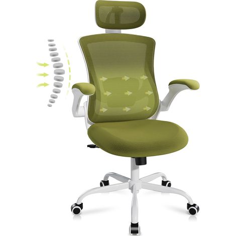 Smartue  Sedia ergonomica per ufficio – Sedia da scrivania in rete con poggiatesta, supporto lombare, braccioli ribaltabili e funzione dondolo 140°, verde