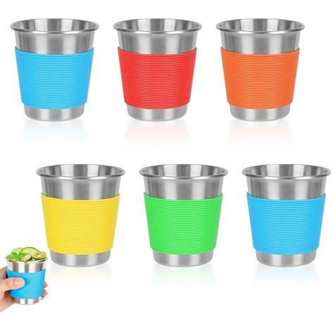 Set di 6 bicchieri in acciaio inox con rivestimento in silicone - 260 ml - Riutilizzabili - Impilabili - Senza manico - Per compleanni, picnic, matrimoni, feste (1/5)