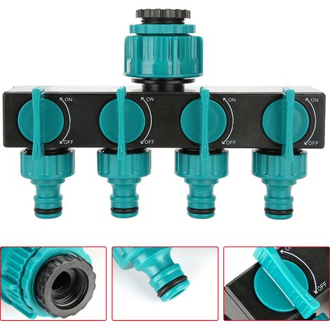 4-Wege-Wasserhahnverteiler mit Absperrventil – Grün-schwarzes PP-Pflanzgefäßbewässerungssystem – 17,7 x 12 x 7 cm – 208 g (1/5)