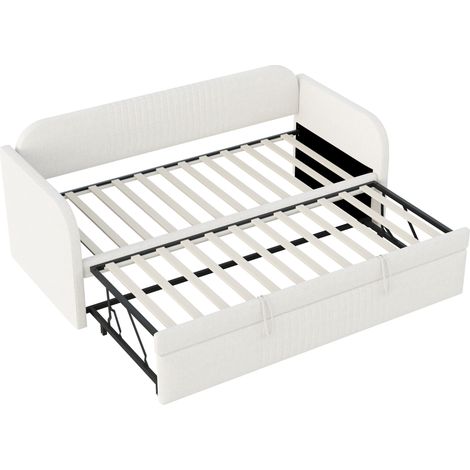 Lit banquette extensible 90/180 x 190 cm en lin beige avec sommier à lattes (1/5)
