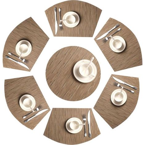 Set of 7 Set of Table in Shape of Corner 1 Round Central in Vinyl Washable resistant to the Heat Mat of Table(Tan Bamboo)- (1/5)