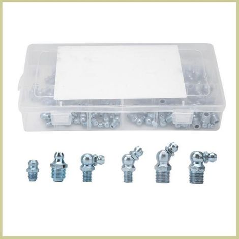 110pcs 45 ° 1/8 pouces 28 Machines d'ingénierie de buse de pointe de mamelon de graisse électroplaste bleu pour moteurs automobiles (1/4)
