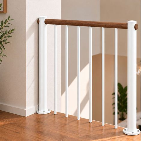 Ringhiera per scala diritta - Bianco - Acciaio verniciato a polvere - Lunghezza 1 m - Corrimano in legno di noce - RE-I-RV-BOIS-BN (1/5)
