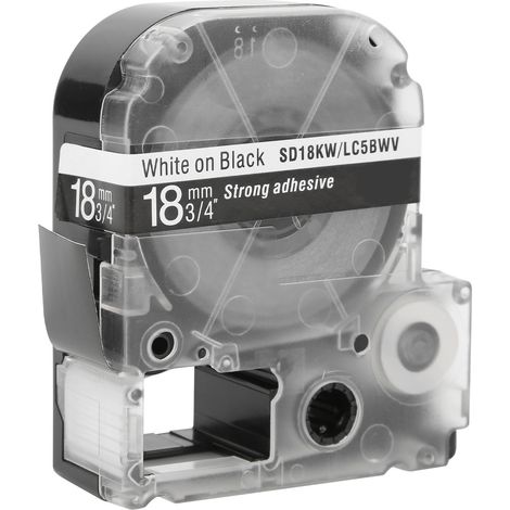 Ruban d'étiquetage 18 mm PET résistant à l'eau pour imprimante d'étiquettes Epson/étiqueteuse KingJim, texte blanc sur fond noir (1/5)