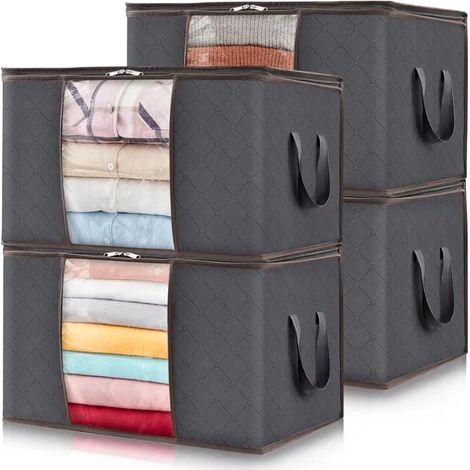 Lot de 4 Sac de Rangement Vetement 90L,Cartons Déménagement pliable Housse Rangement Couette pour Couvertures Jouets Vêtements,Gris (1/5)