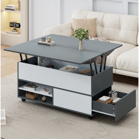 Tavolino rialzabile 100x98x65 cm con vano nascosto, ripiano, piano pieghevole, ruote e 1 cassetto, bianco e grigio (1/5)