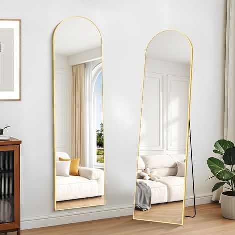 Miroir sur Pied Arqué, 150 x 40 cm Grand Miroir Mural avec Cadre en Aluminium Doré à Suspendre, à Poser, à Appuyer, pour Salon, Chambre, Couloir (1/5)