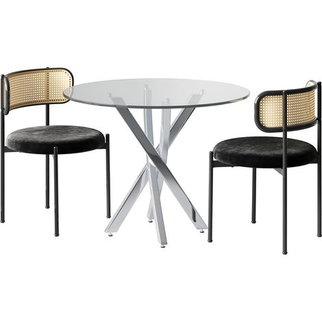 Ensemble table à manger (table à manger et 2 chaises incluses), plateau en verre trempé 808075, table à manger moderne, pieds de table galvanisés, table basse, chaises de salle à manger noires, pieds (1/5)