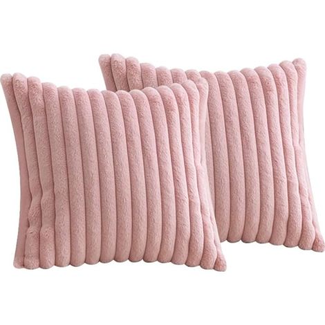 Lot de 2 Housses de Coussin en Peluche en Fausse Fourrure Décorative Douce à Rayures moelleuses pour Coussin de Chambre à Coucher de canapé 45 x 45 cm Rose (1/5)