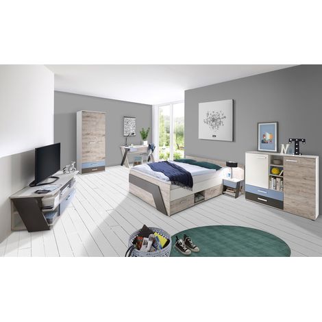 Jugendzimmer Komplett Set mit Bett 140x200 cm mit Kleiderschrank LEEDS-10 in Sandeiche Nb. mit weiß, Lava und Denim Blau (1/5)