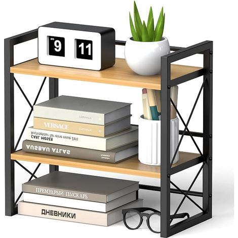 Étagère de Bureau à 2 Étages, Petite, en Bois et Métal, Rectangulaire, à Montage sur Table, pour Salon, Chambre à Coucher, Cuisine et Bureau (1/5)