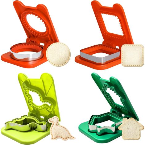 Set de 4 emporte-pièces sandwich inox et PP, formes variées, sans croûte, parfait pour bento, école et pique-nique. (1/5)