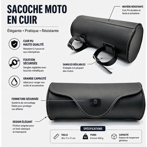 Sacoche de Guidon Rétro Moto Vélo Cuir Imperméable Cylindrique Noir Outils 31 × 13 × 13 cm 300 g – Livraison gratuite (1/5)