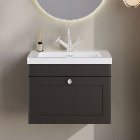 Nuie Classique Wall Hung 1-Drawer Vanity Unit with 1TH Contemporary Basin 600mm Wide - Satin Anthracite (1/5)