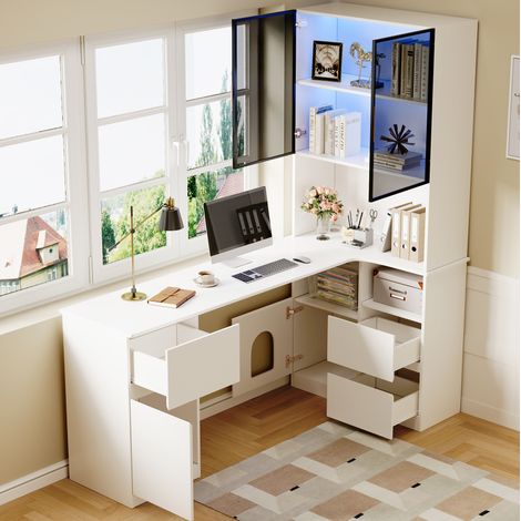 Bureau d’angle 120x80x180 cm blanc en MDF avec étagère, vitrine LED et rangement (1/5)