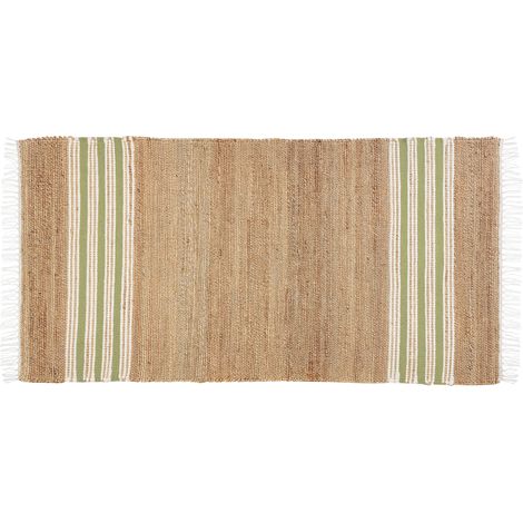 Alfombra de yute beige claro natural verde oliva blanco 80 x 150 cm a mano Mirza