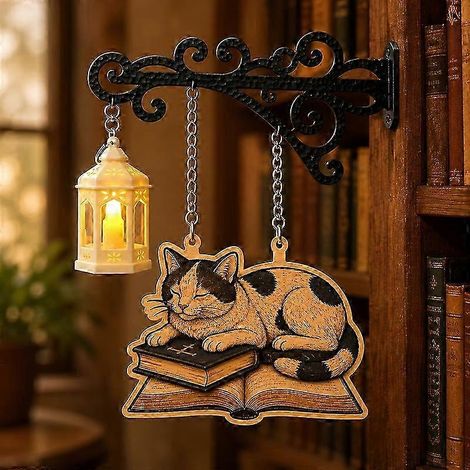 Lampe de bibliothèque chat, éclairage LED d'ambiance vintage chaleureux, support en métal orné + suspension chat endormi en bois et lanterne à piles pour bureau ou salon DecoH (1/5)
