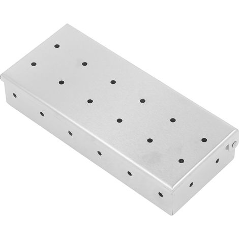 Boîte à fumoir en acier inoxydable pour copeaux de bois, avec couvercle ventilé et charnières, pour barbecue. Ajoutez une saveur fumée à vos grillades. Accessoires inclus. (1/5)