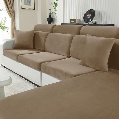 Fodera per cuscino divano in velluto, coprisedile universale elasticizzato, protezione per mobili, copridivano antiscivolo (1 posto, cammello) (1/5)