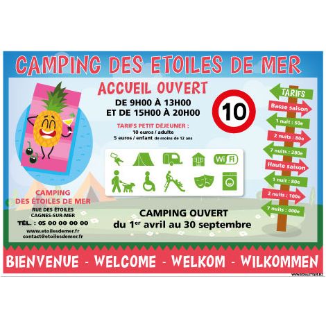 PANNEAU PERSONNALISABLE DE VOTRE ACCUEIL DE CAMPING (H0505-PERSO) - Plastique PVC 1,5 mm - 630 x 450 mm (1/2)