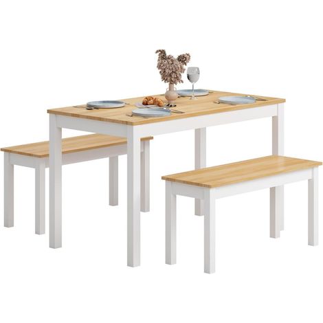 Esstisch-Set Massivholz Kiefer mit 2 Bänken, 4 Personen, Teak/Weiß (1/5)