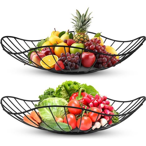 2 Corbeille à Fruits Métal Noir, Design Feuille, Structure Ventilée, Pour Cuisine et Salle à Manger