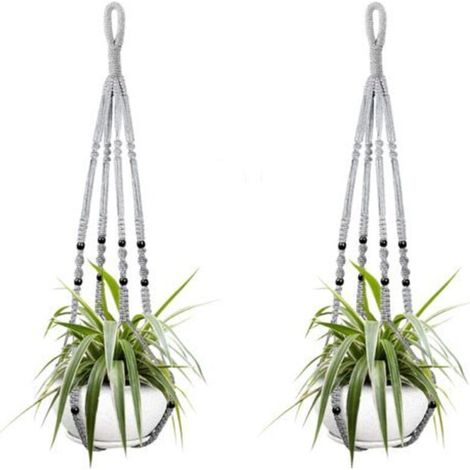 Deux paniers suspendus pour plantes d'intérieur, en corde de coton grise, de 85 cm de long, ornés de perles en bois. Crochets non inclus.