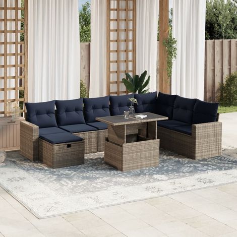 9-teiliges Gartensofa-Set mit Kissen, grau, Polyrattan (1/5)