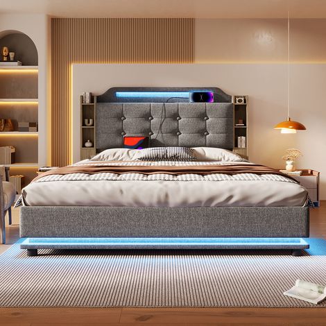 Lit double rembourré 140 x 200 cm, avec bande LED, rangement hydraulique, compartiments de rangement, ports USB + Type-C, tissu en lin, gris (1/5)