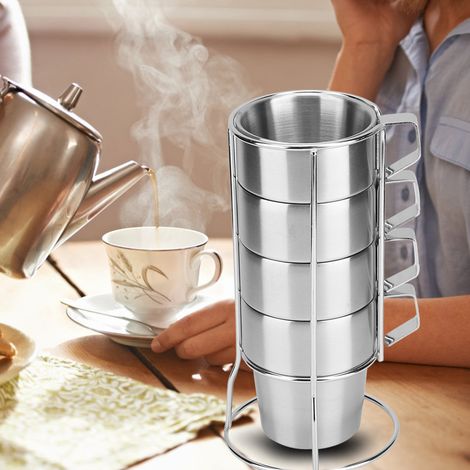4er-Set robuste Edelstahl-Kaffeebecher mit Becherhalter für Zuhause, Café oder Kaffeebar (1/5)