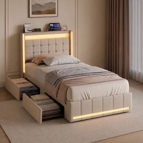 Letto singolo 90x200 cm con porte di ricarica USB e Type-C, illuminazione LED su testiera e pediera, 2 cassetti portaoggetti in metallo, beige (1/5)