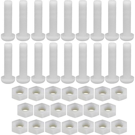 Paquete de 20 tornillos hexagonales de nailon blanco, M8 x 50 mm, cabeza redonda Phillips con tuercas hexagonales, tornillos aislantes multiusos para maquinaria industrial, muebles y bricolaje. (1/5)