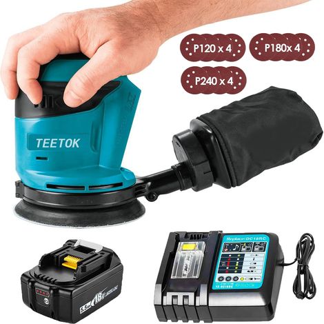Ponceuse excentrique,Sans balais,Compatible avec la batterie Makita, ponceuse orbitale aléatoire Machine de polissage 18V Ø125mm avec sac à poussière et 12 disques + 1x batterie 5.5A + 1x chargeur DC (1/5)