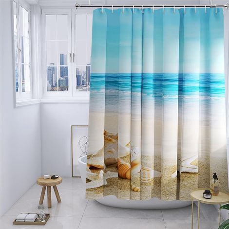 Rideau de Douche 200 x 220 cm, Motif océan Plage mer Vagues étoiles de mer et Coquillages pour Baignoire en Textile, résistant à la moisissure Lavable en Machine, (l x H) 200 x 220 cm (1/5)